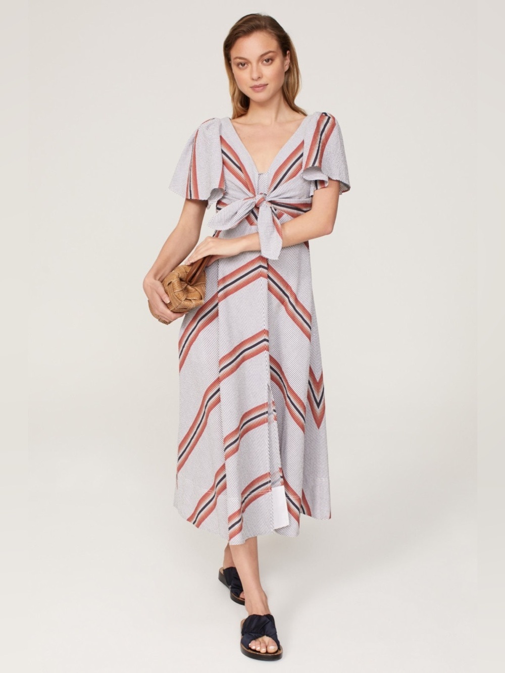 TANYA TAYLOR Lonna Tie-Front Stripe Midi Dress in Light Blue and Coral (102)